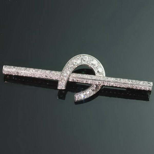Art Deco diamond bar brooch with lucky horse shoe nailed across